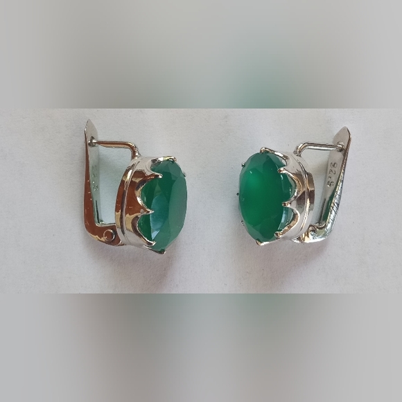 Silver 925 Green Onyx Adjustable Ring, Lever Back Earrings Set - Picture 9 of 10